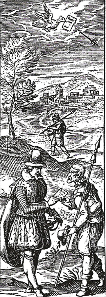 Engraving by Gustav Selenus showing Worshipful Master Bacon Handing a Message to His Senior Deacon. The Junior Deacon walks in the distance. Notice the position of Bacon’s feet.  