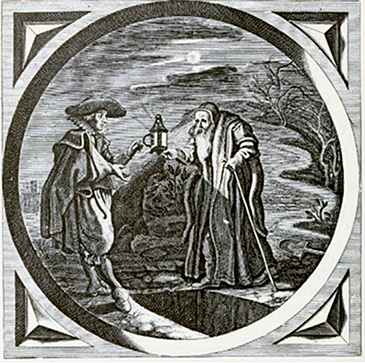Jacob Cat’s engraving (titled “Lampado Trado”) shows John Dee passing the lamp of Rosicrucian light to Francis Bacon over an open grave
